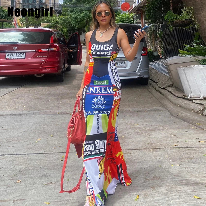 OrangeG Cyberpunk Long Trumpet Dress Sleeveless Women Streetwear Crew U Neck Letter Print Tank Motor Fashion Modern Outwear