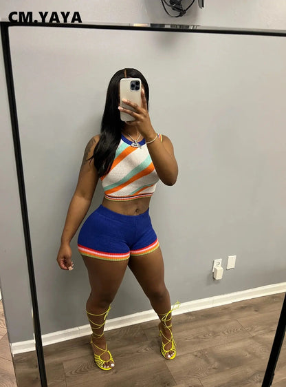CM.YAYA Knit Ribbed Fashion Women's Set Striped Tank Top and Shorts Suit  Summer Chic Two 2 Piece Set Outfit Tracksuit