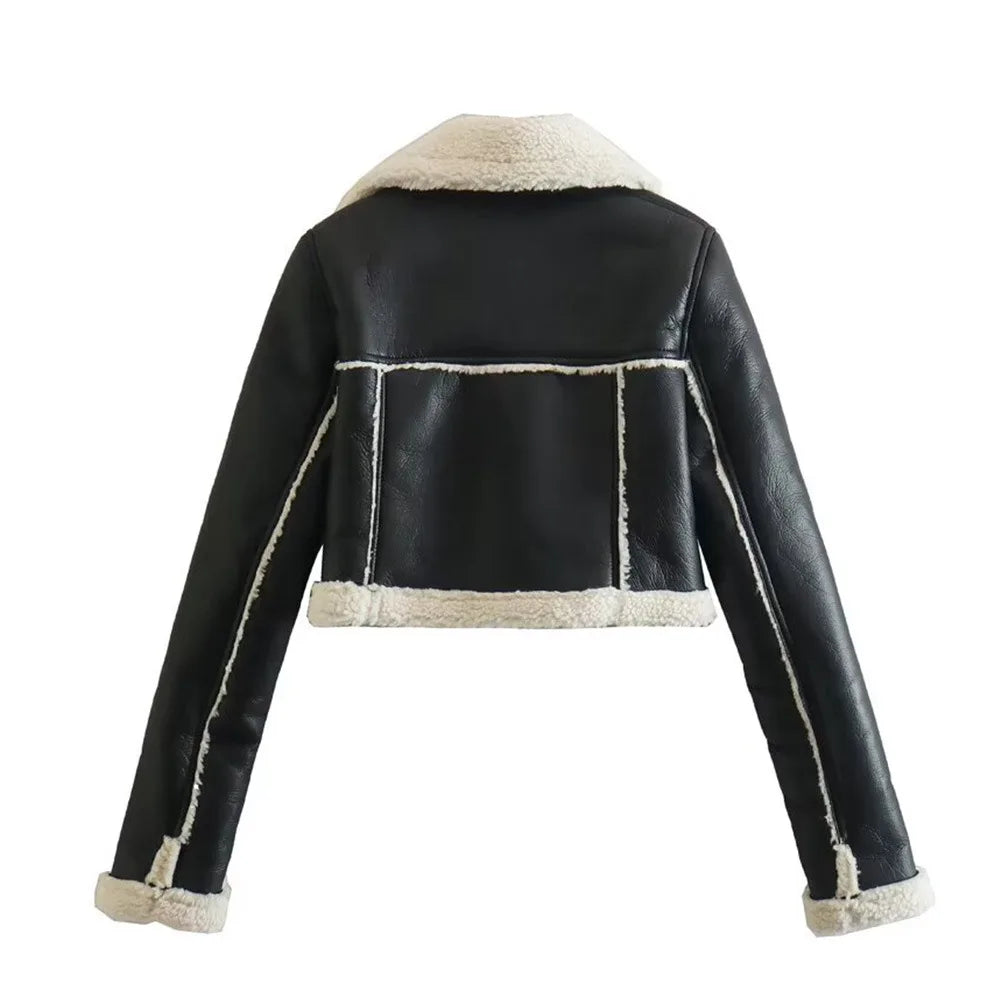 Women's Cropped Leather Jacket Coat Black Wool Blends Coats Bomber Tweed Jacket Autumn Winter Leather and Fur Crop Jacket