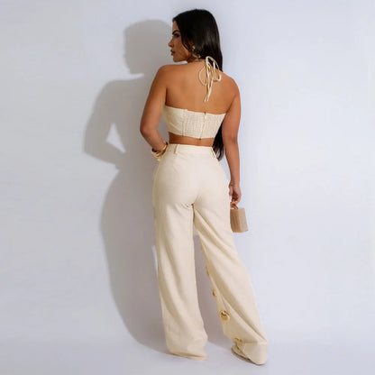 FLARORA Y2k Hole Sequined Wide Leg Pants Streetwear Sexy Solid Halter Sleeveless Backless Tops And Pants Women's Two Pieces Set