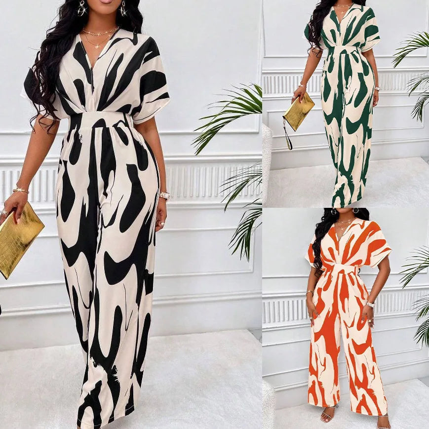 2024 Women Wide Leg Jumpsuit Spring Summer Fashion V Neck Short Sleeve High Waist Full Body Printed Jumpsuits Casual One Pieces