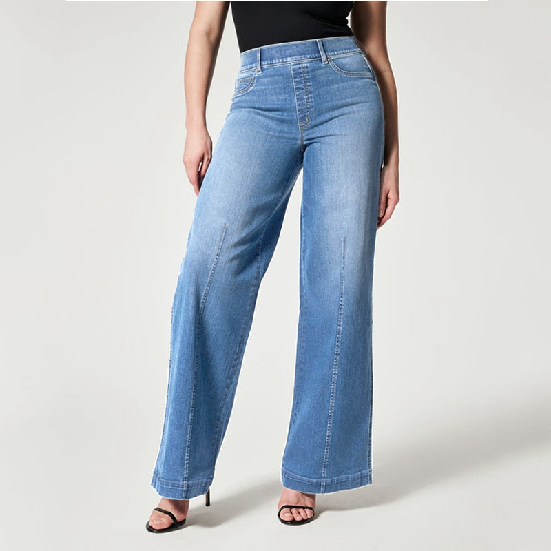 Jeans women elastic waist wide leg mid-waist 2023 new high elastic wash loose casual straight leg pants women's retro mom jeans