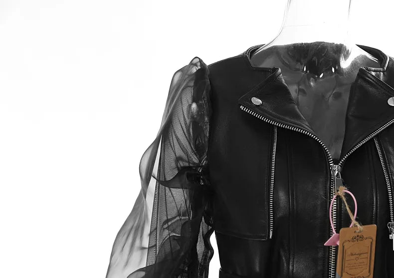 Fashionable and domineering women'sperspective patchwork mesh leather jacket motorcycle rock zipper jacket premium Women's tops