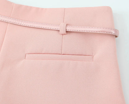 TRAFZA Vintage Chic Solid Women Suit V Neck Sleeveless Sashes Vest Blazer Straight Shorts New Fashion  Summer Office Sets