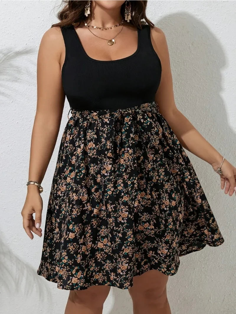 Damen Plus Size Sommerkleid Strick Blumenmuster Ärmellos Knielang Große Größen Bauchkontrolle Freizeit Elegantes Kleid