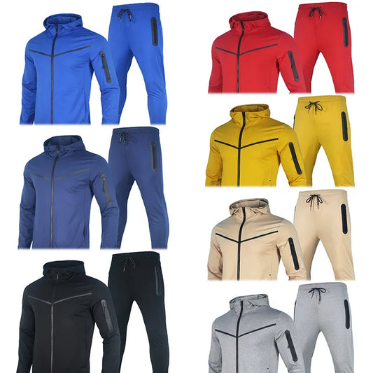 Men's Spring And Autumn Suit Young Men Hooded Zipper Solid Color Sports Fitness Leisure Two-piece Set