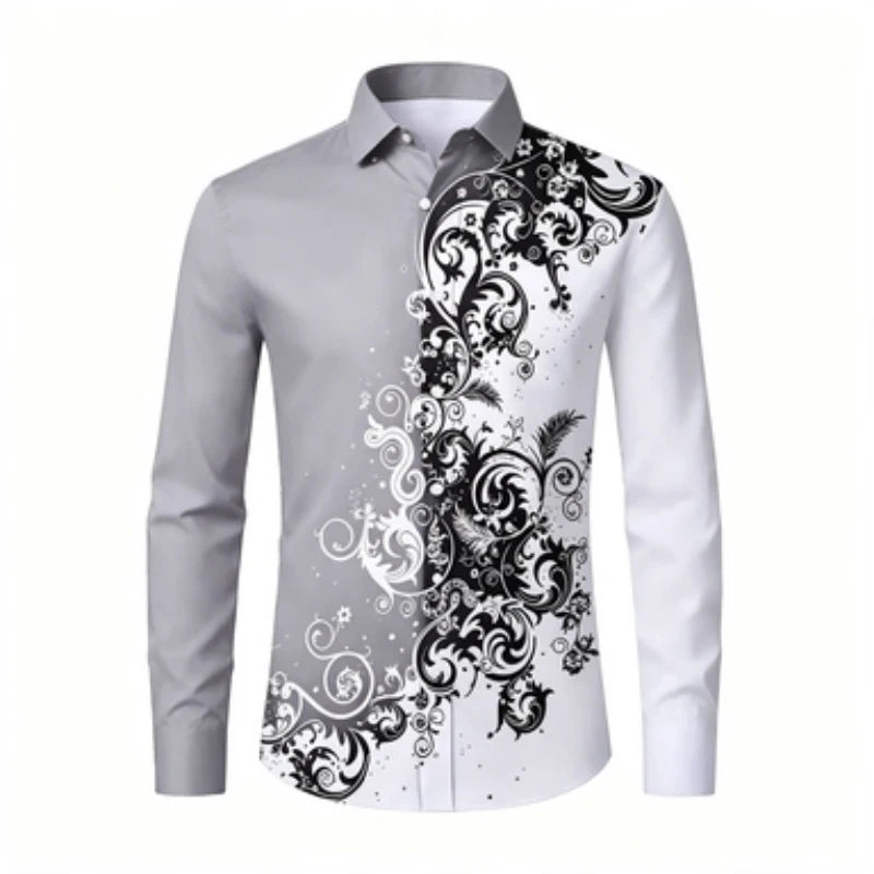 Men's long sleeved shirt, European and American men's printed long sleeved shirt, collared European patterned shirt, trendy casu