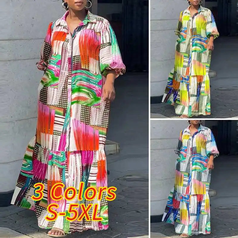 VONDA Plus Size 5XL Bohemian Printed Dress Autumn Women Elegant Long Sleeve Vintage Maxi Sundress Casual Button Loose Party Robe