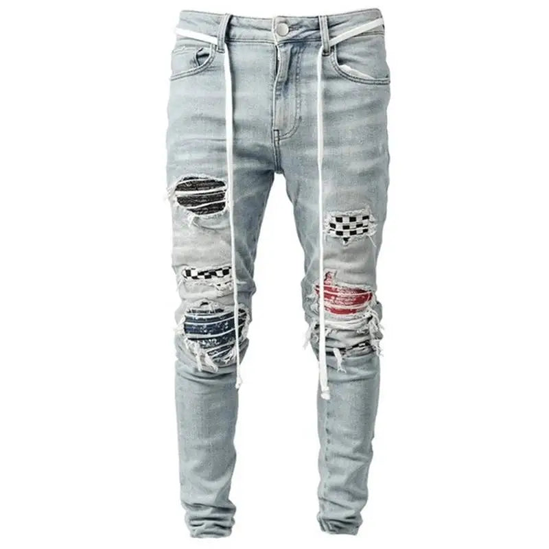 Skinny Ripped Jeans Men 2023 Fashion Grid Beggar Patches Slim Stretch Casual Denim Pencil Pants Painting Jogging Trousers Men