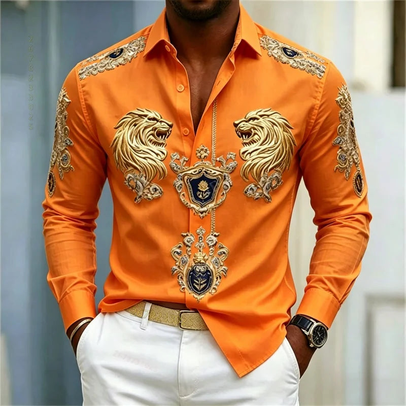 Men's shirt Baroque style shirt Lion head slim fit design long sleeved shirt Business casual street style men's clothing XS-6XL