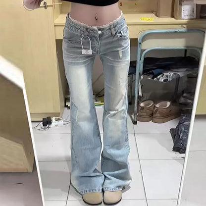 Light Wash Flared Jeans for Women Plus Size Lace Low Rise Floor Length Slim Fit Bell Bottom Pants Trendy Design for Curvy Ladies