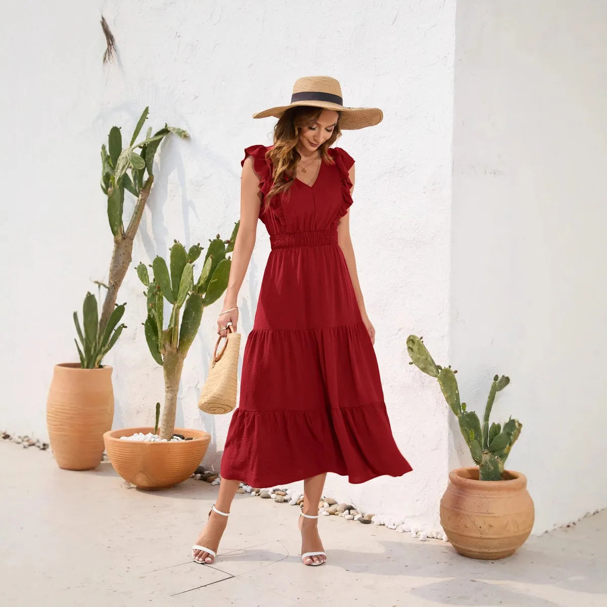 Summer Woman Dress V Neck Sleeveless Red Dresses High Waist A Line Green Maxi Dress Tiered Skirt Boho Black Casual Dress