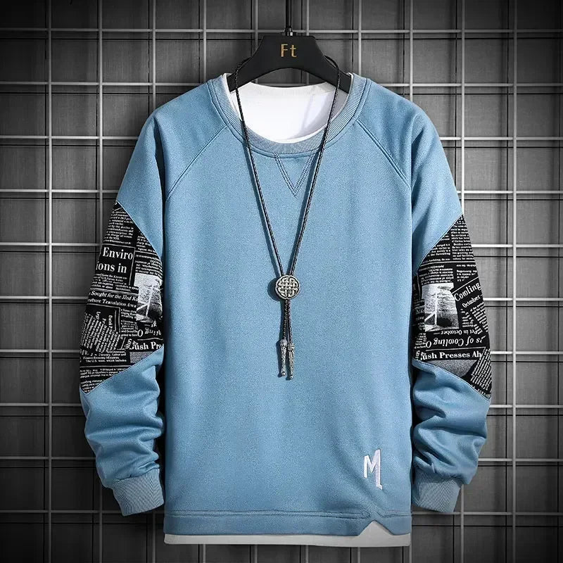 Men Harajuku Hoodie Casual Hip Hop Sweatshirt Stitching Print Hoodies Male O-Neck Fashion Mens Clothing Multi Color New Male Top