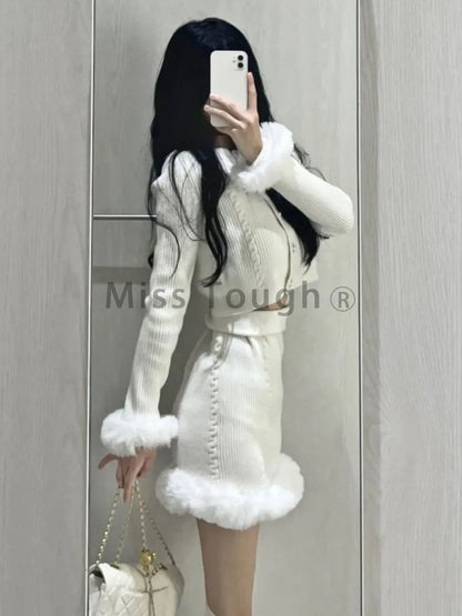 White Sweet Kawaii Two Piece Set Women Korean Fashion Party Mini Skirt Set Female Vintage Elegant Slim Skirt Suit  Autumn