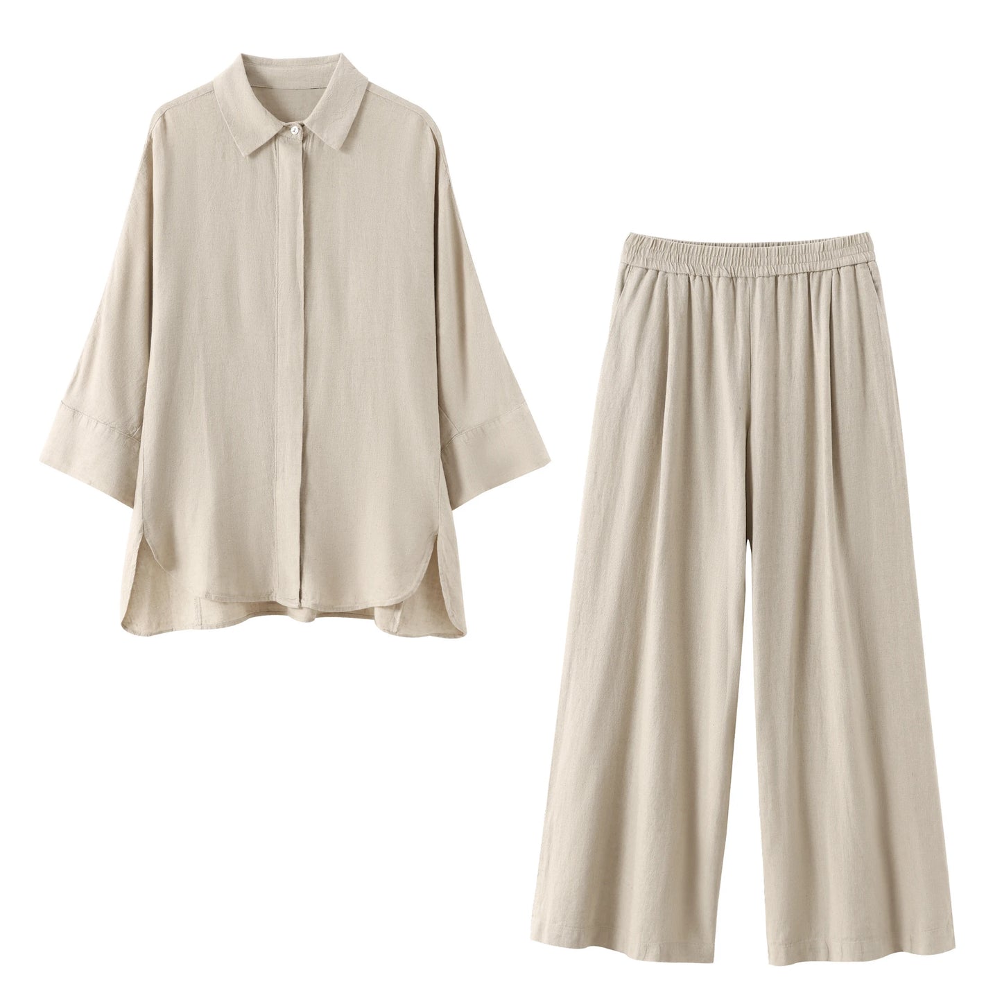 TRAFZA  Women 2 Piece Set Elastic Waist Pocket Folds Decorate Wide Leg Pants+Solid Single-Breasted Slit Hem Blouse Top