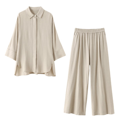 TRAFZA  Women 2 Piece Set Elastic Waist Pocket Folds Decorate Wide Leg Pants+Solid Single-Breasted Slit Hem Blouse Top