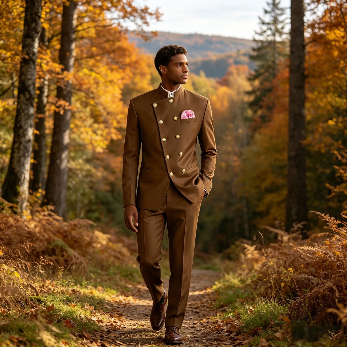 Men's Business Casual Suit 2 Piece Brown Mandarin Collar Double Breasted With Gold Buttons