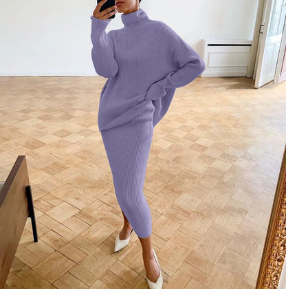 BKQU Knitted Dress Sets Women Loose Turtleneck Sweater Pullover And High Waist Long Skirt Two-Piece Set  Fall Winter Outfits