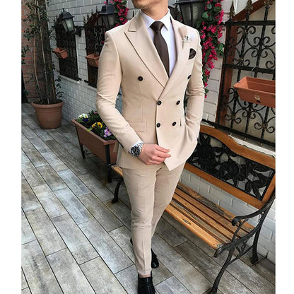 New Beige Men's Suit 2 Pieces Double Breasted Notch Lapel Flat Slim Fit Casual Tuxedos For Wedding(Blazer+Pants)
