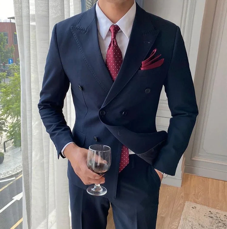 Casual Double Breasted Slim Fit 2 Piece Outfit Set Man Korean High Quality 2024 Full Suit for Men Clothes Gentleman Pants Blazer