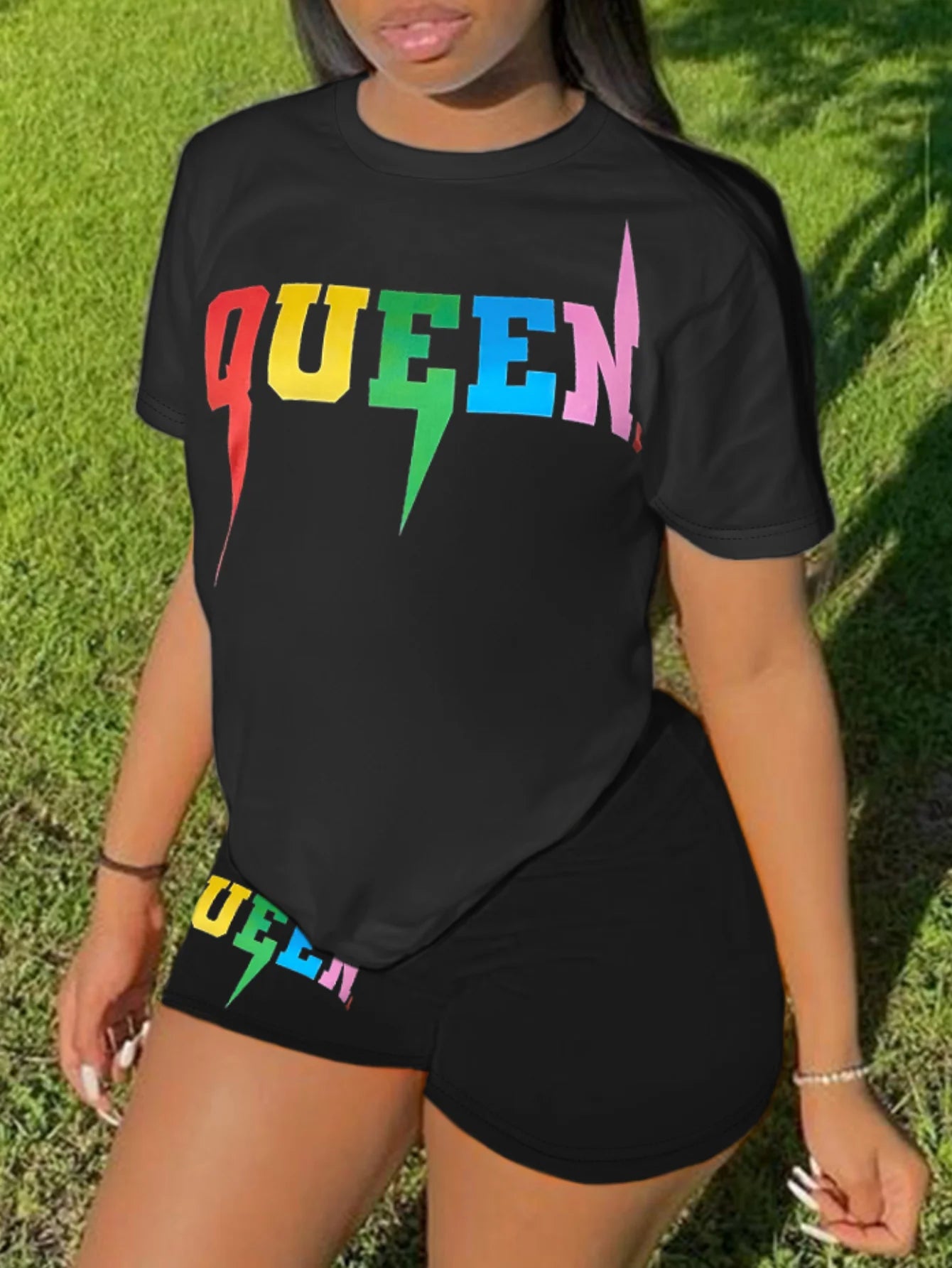 4XL 5XL LW Plus Size Queen Letter Print Shorts Set Summer Women Round Neck T-Shirt And Print Shorts Without Pocket