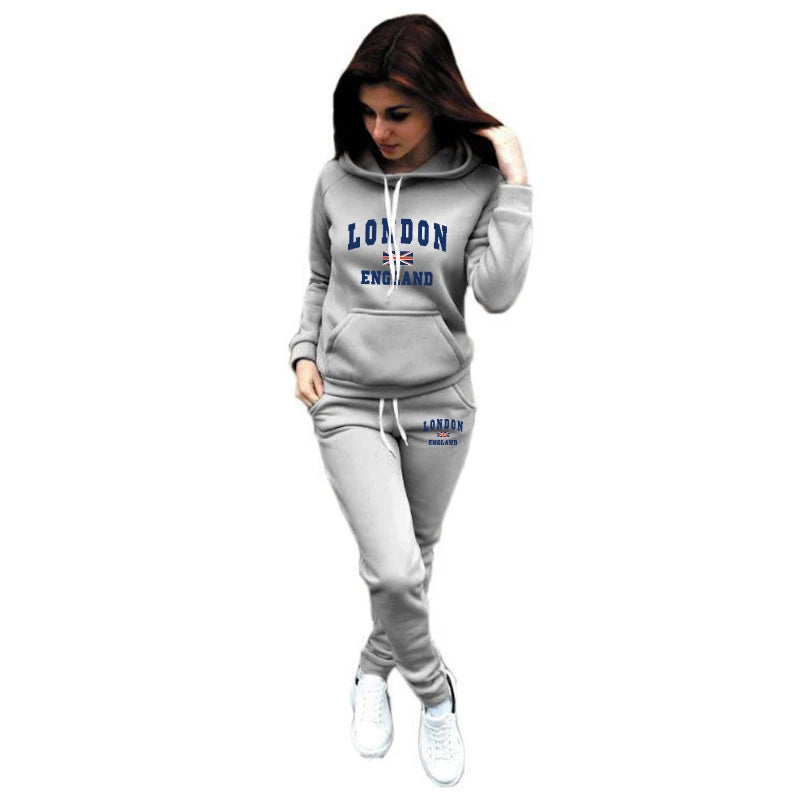 Casual Womens Tracksuit Print Hooded Sweatshirts+Trousers Set Casual Jogging Outfits Autumn Winter European Street Warm Clothing