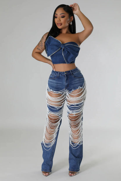 CM.YAYA Women Fashion Pearl Beading Ripped Hollow Out Tassel Wide Leg Jeans  New Summer INS Street Denim Pants Trousers