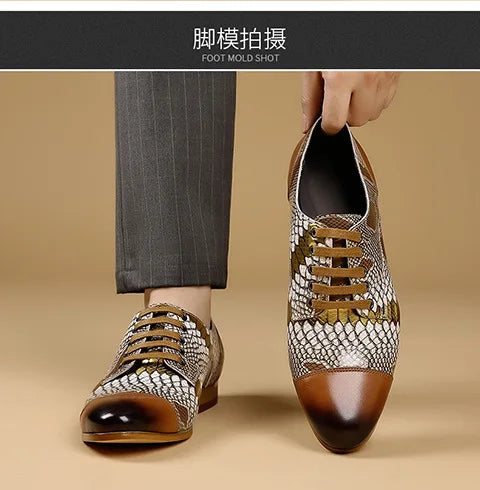 Luxury Brand Genuine Leather Men's Formal Shoes Fashion Snake Pattern Design Lace Up Men Business Dress Groom Wedding Shoes