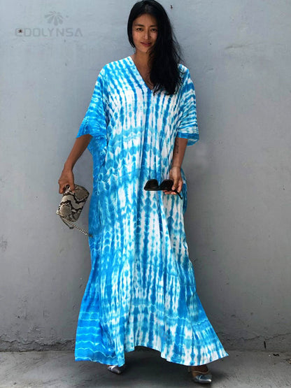 Bohemian Printed V-neck Batwing Sleeve Side Split Loose Dress For Women Clothes Plus Size Beachwear Maxi Dresses Q1218