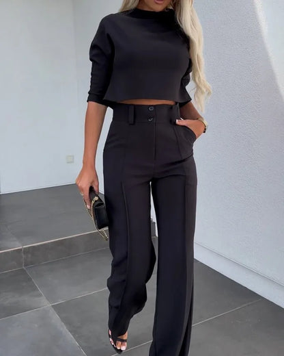 Elegant Office Lady Suits Fashion Solid Color Two Piece Set For Women Casual Crop Top+high Waist Pants Women's Sets  Autumn