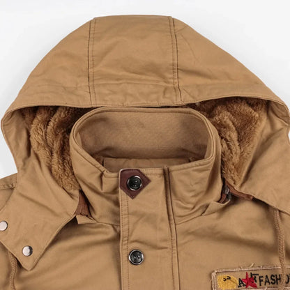 Men Fleece Fur Lined Thick Mid-Length Cotton Jacket Long Sleeve Autumn Winter Casual Jackets
