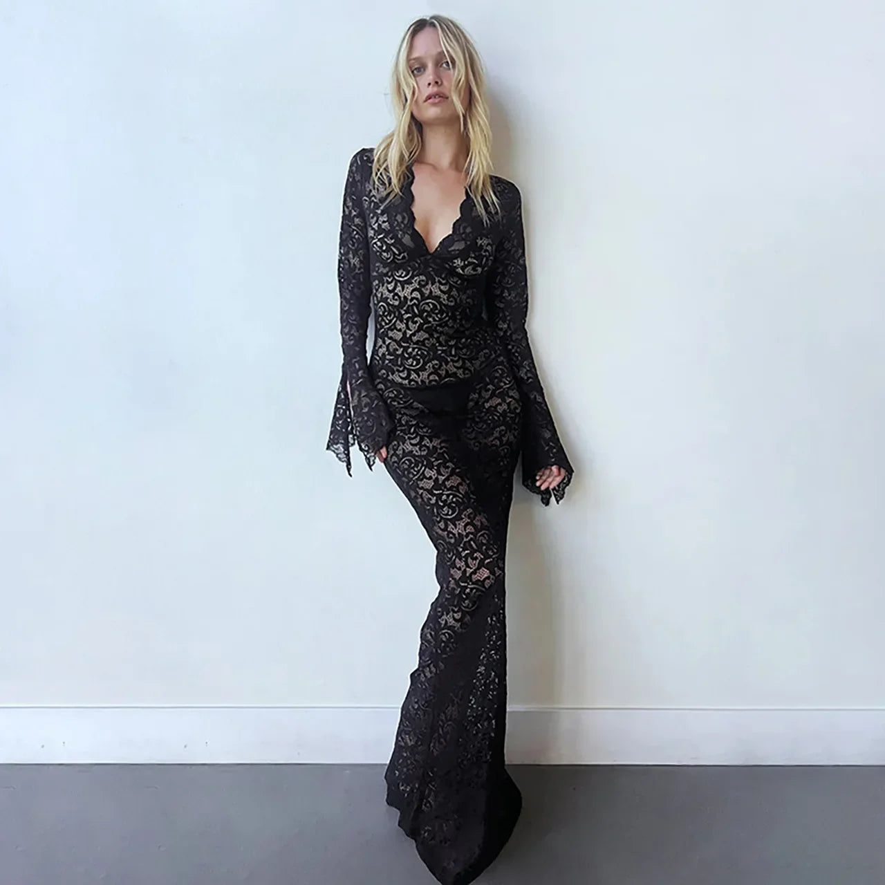 2023 Elegant Lace See Through V-neck Maxi Sexy Dress For Women Summer Chic Longsleeves Hollow Out Slim Floor Dress