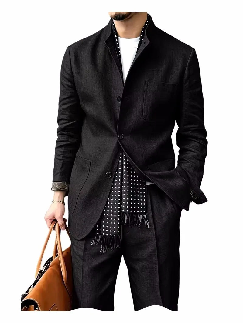 Men's 2 Piece Suit Linen Blend Stand Collar Single Breasted 3 Button Slim Fit Business Casual Vacation Wedding Breathable Outfit