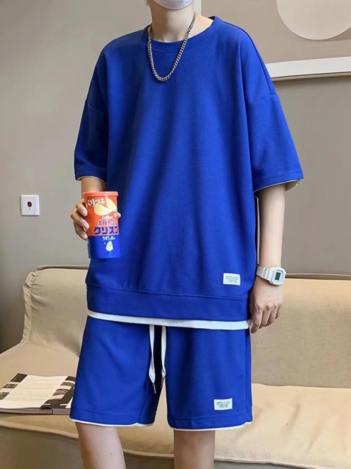 New Summer Men Waffle Sets Casual T-Shirt and Shorts Set Male Sports Suit Solid Color Tracksuit Loose Suits Size 5XL