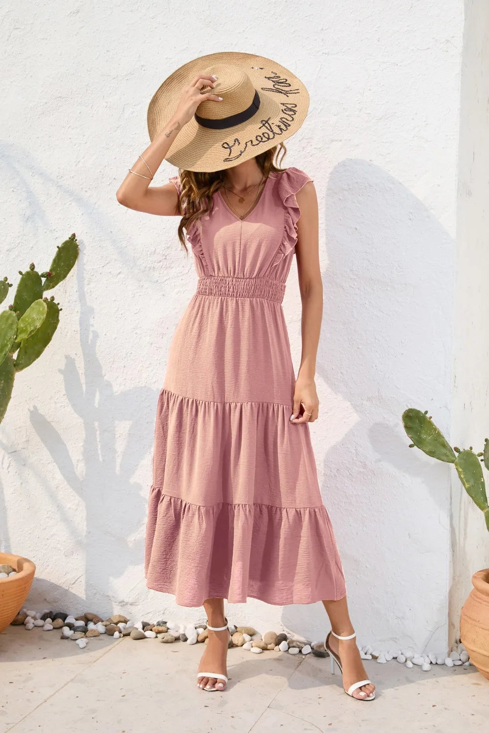 Summer Woman Dress V Neck Sleeveless Red Dresses High Waist A Line Green Maxi Dress Tiered Skirt Boho Black Casual Dress