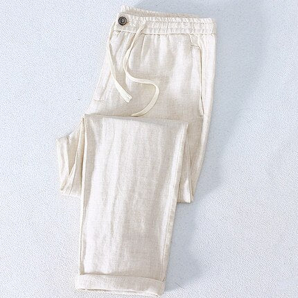 Pure Linen Pants Men Beach Elasticated Waistband Drawstring Chinese Size Thin Casual Trousers Size 36 38