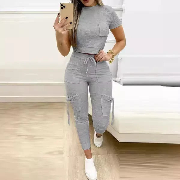 Tight Solid Color Two Piece Set Women Cropped T Shirt Slim Long Pants Pocket Ladies Sets 2025 Spring Summer Sportswear