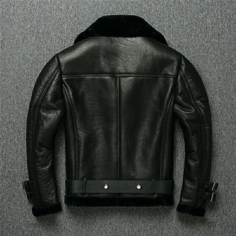 Men Shearling Real Leather Jacket Natural Sheep Fur Jackets Lapel Oblique Zipper Belt Biker Jackets Winter Coat Warm