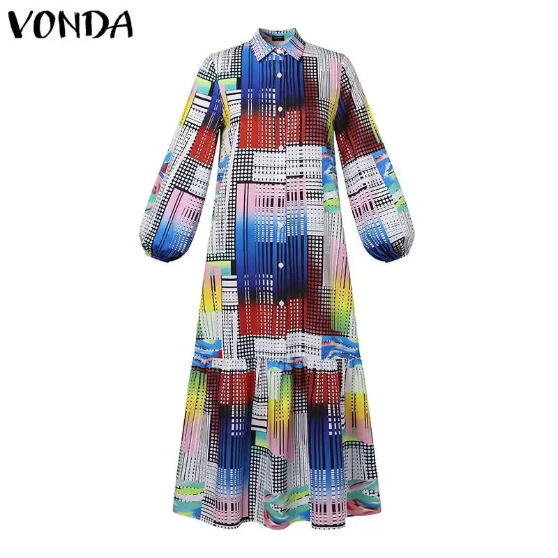 VONDA Plus Size 5XL Bohemian Printed Dress Autumn Women Elegant Long Sleeve Vintage Maxi Sundress Casual Button Loose Party Robe