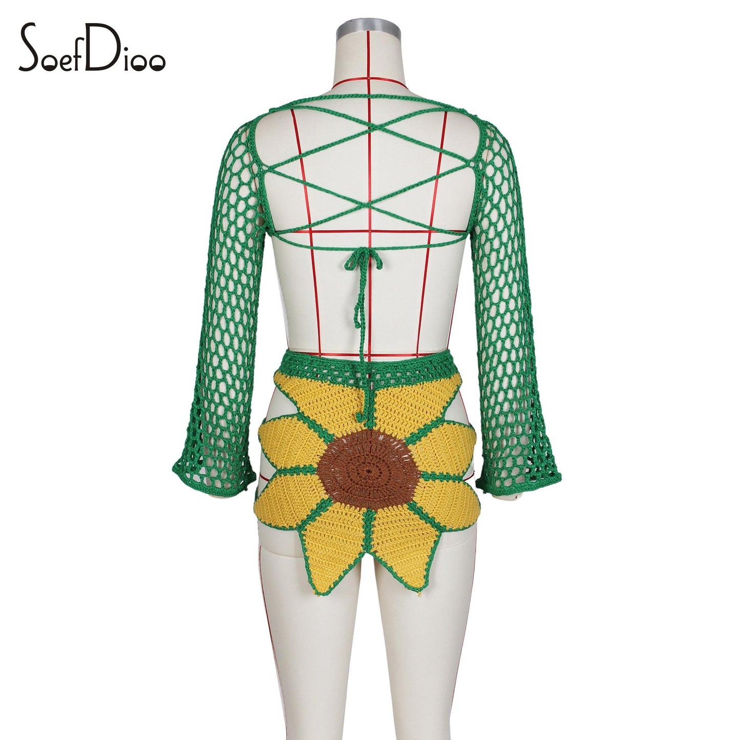 Soefdioo Knitted Hollow Out Beach Style Two Piece Set Women Sexy Long Sleeve Backless Top and Irregular Mini Skirt Matching 2023