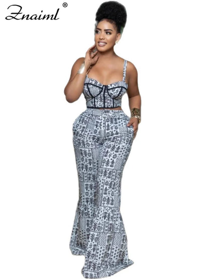 Znaiml Sexy Spaghetti Strap Backless Crop Top and Flare Pants 2 Pieces Set Woman Fashion Black White Print African Outfits