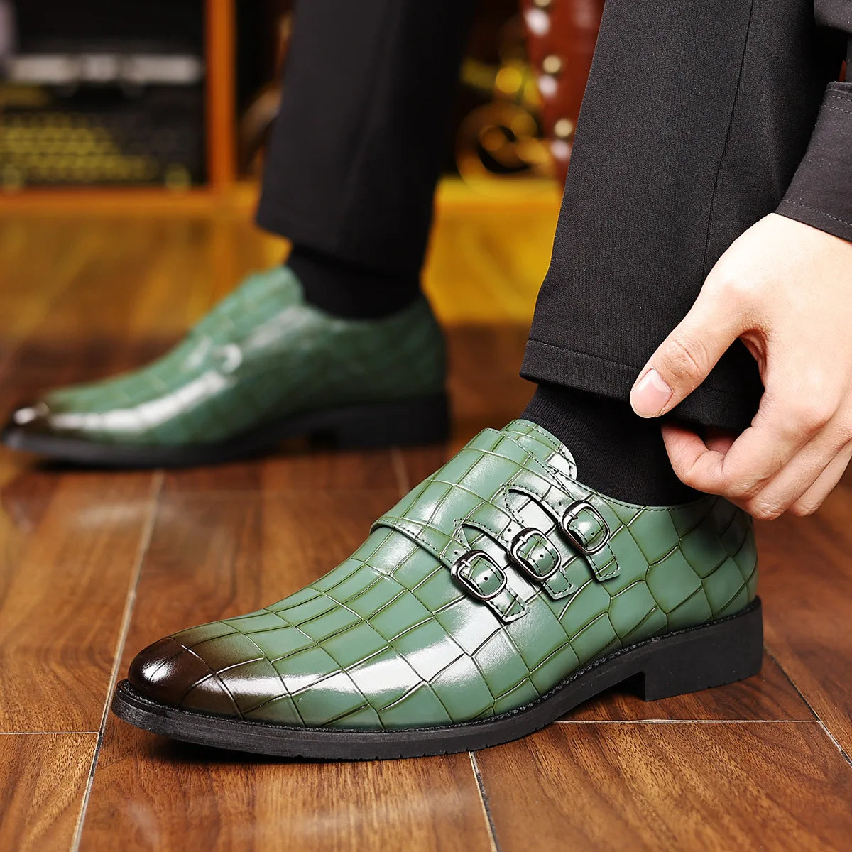 Buckle Designer Big Size Dress Shoes for Men Stone Pattern Leather Shoes Male Spring Autumn Fashion Casual Business Shoe Man