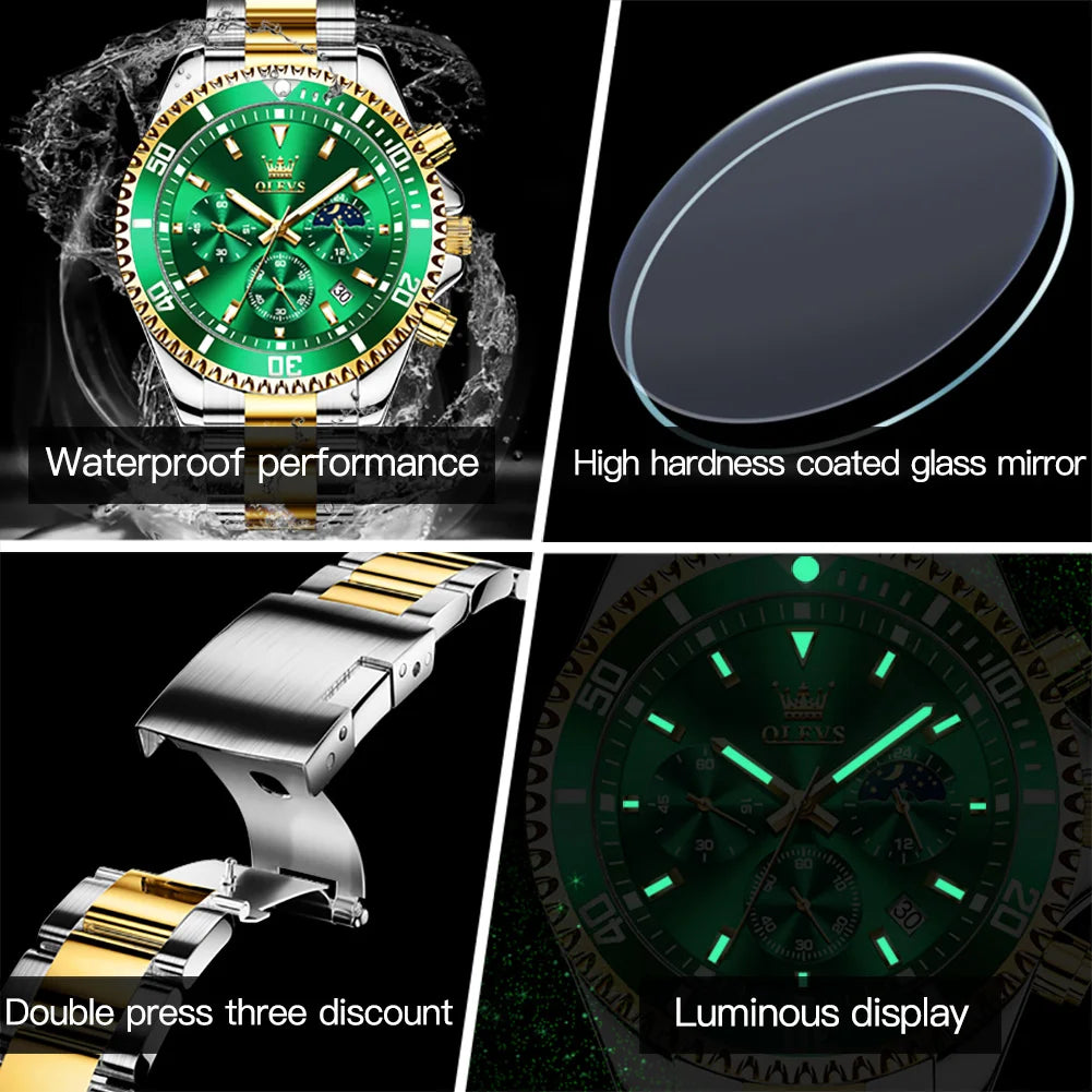 OLEVS 2870 Men's Watches Moon Phase Steel Calendar Chronograph Original Quartz Watch Big Rota Dial Luxury Sports Wristwatches