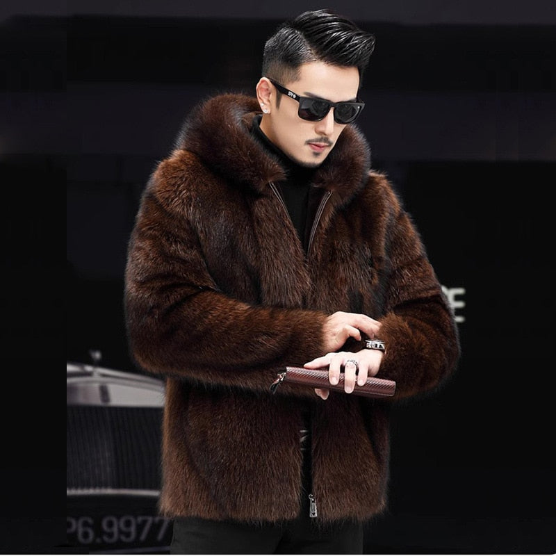 Luxury Winter Warm Faux Fur Coat Men Hooded Thick Fur Coat Jacket Plus Size Branded Zipper Designer Men's Clothing Slim