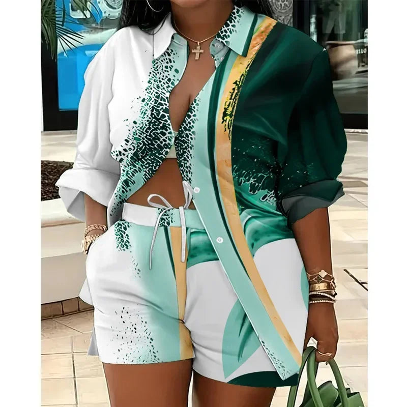 Fashion Colorful Striped Printed Two Piece Set Women Outfit Suit Casual Summer Button Up Long Sleeve Shirt and Shorts Set