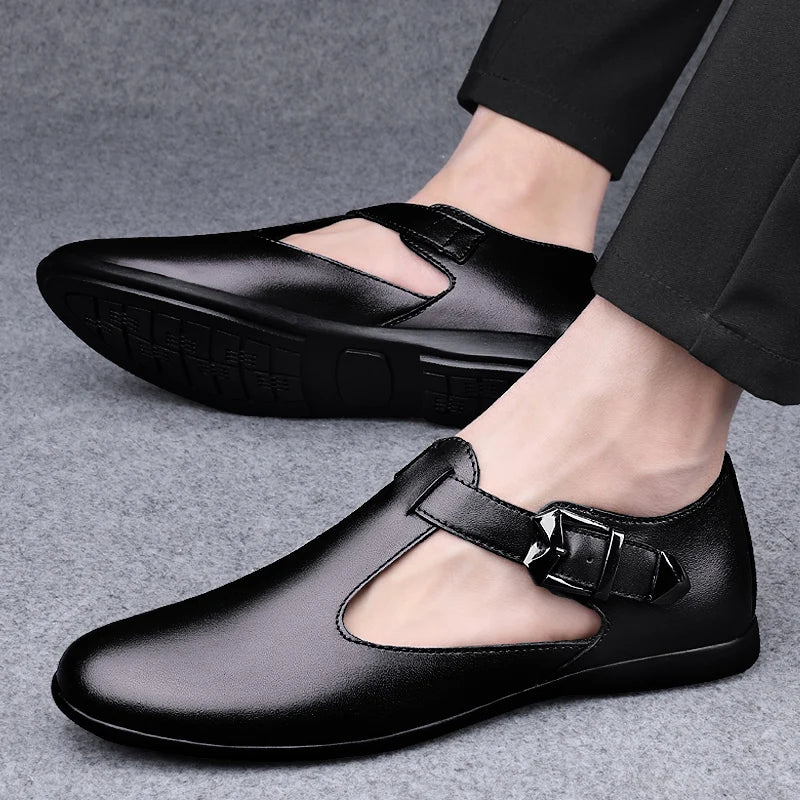 Summer Men Genuine Leather Breathable Sandals New Design Fashion Casual Black Brown Slip on Sandals Leather Sandals  Men's Flats