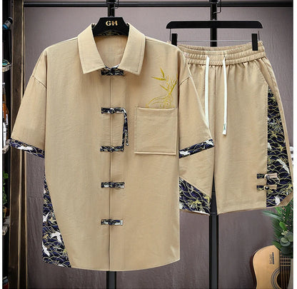 Summer Sets Men Fashion Print Short Sleeved Shirt Shorts Two-piece Men Chinese style Loose Set Mens Short Sets