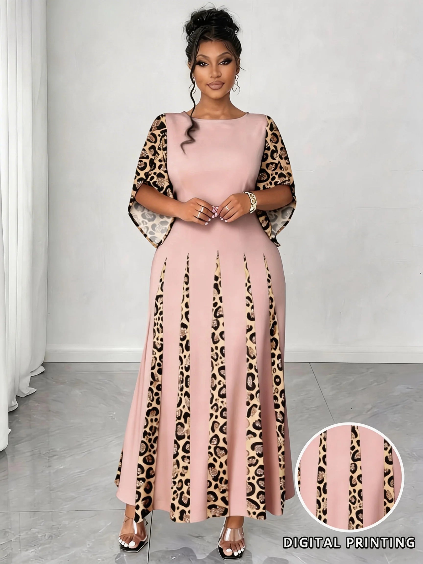 Elegant Leopard Print Maxi Dress, Plus Size Fashionable Long Sleeve Gown, Comfortable & Stylish Women's Clothing