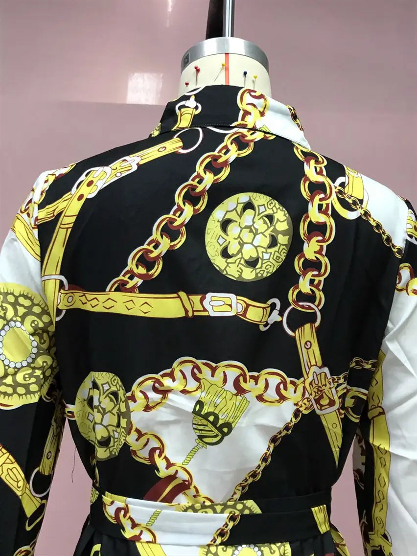 2024 Autumn New Women's Dress Fashionable Sexy Gold Chain Slim Fit Printed Single Breasted Lace Up Waist Cinching Short Skirt