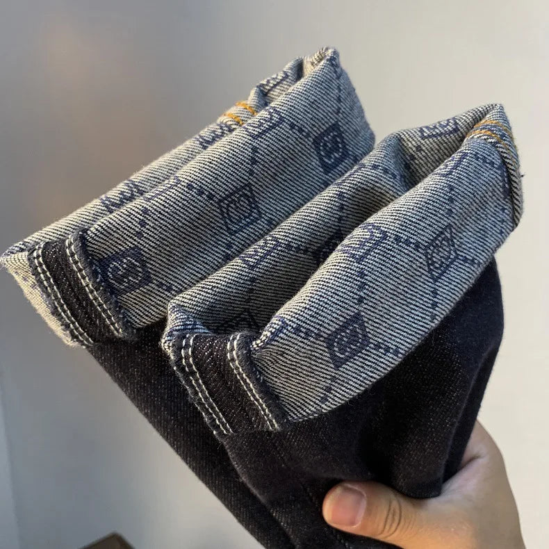 High end light luxury men jeans autumn new item dark blue fashion printed casual straight slim fit cotton washed denim pants